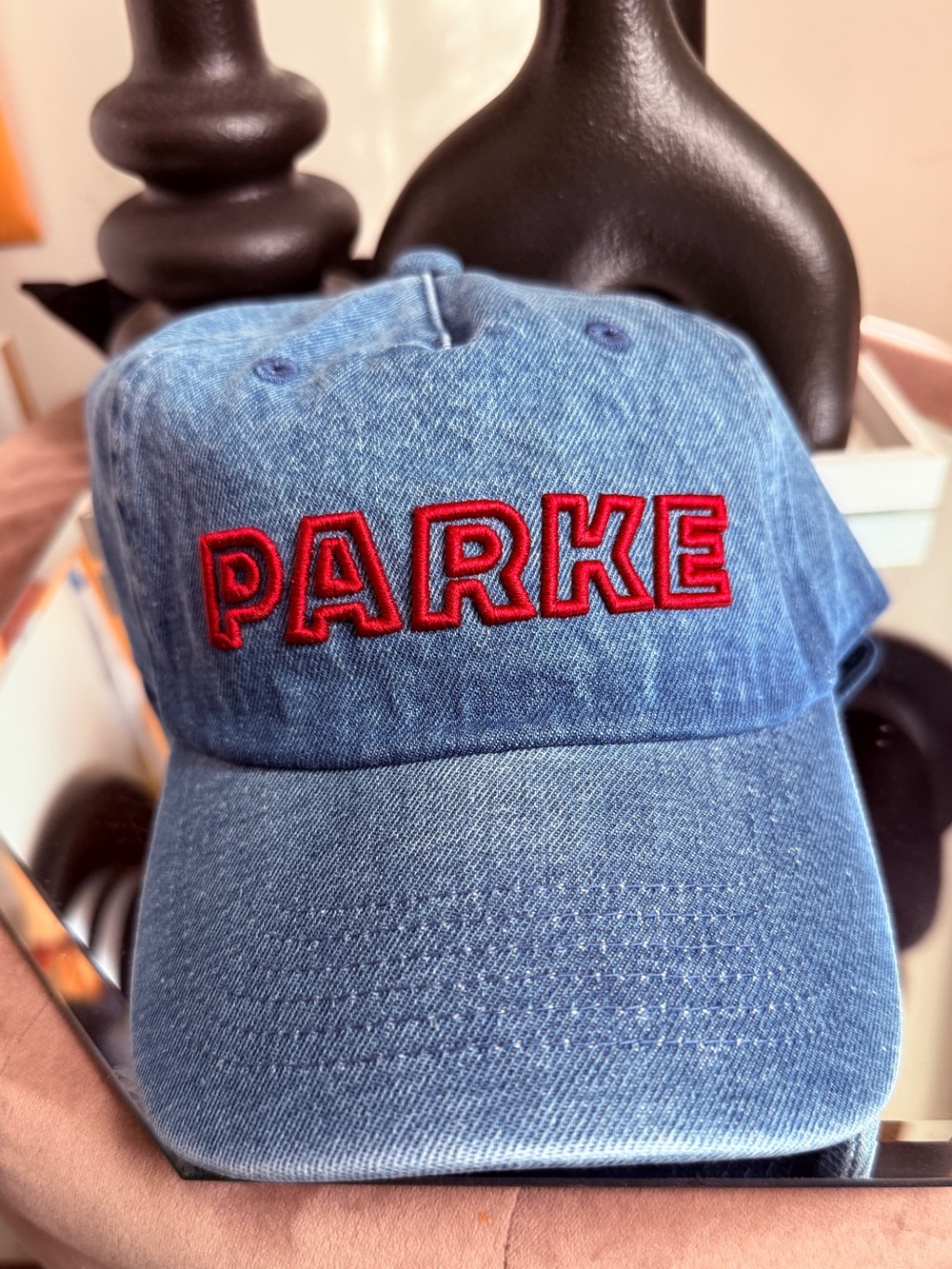 PARKE x TARGET Medium Wash Denim Cap with Red Embroidery